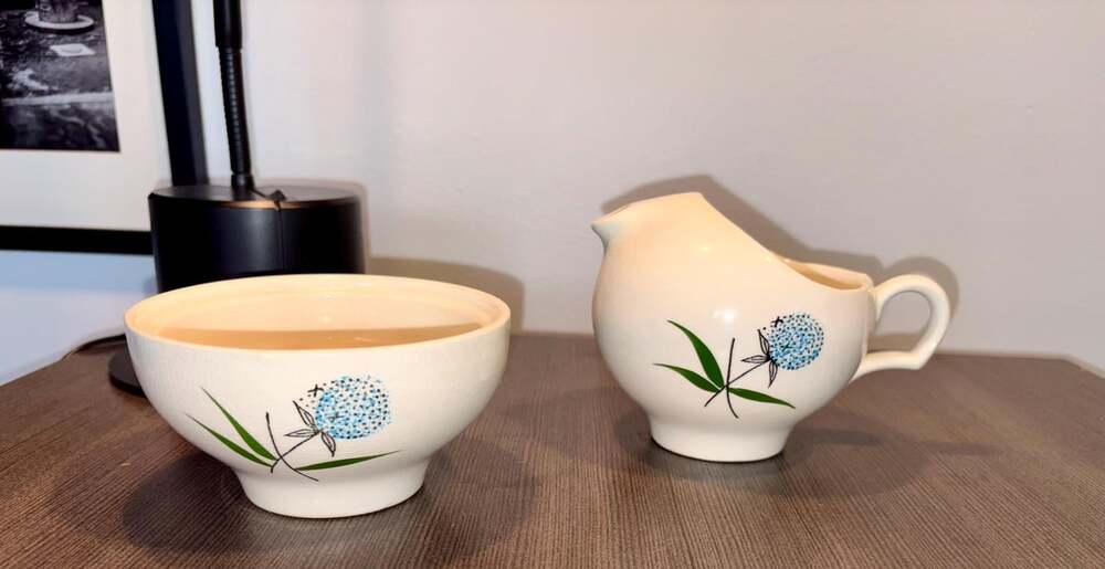 Vintage Creamer and Sugar Bowl Set | Mid-Century Modern Blue Flower Pattern